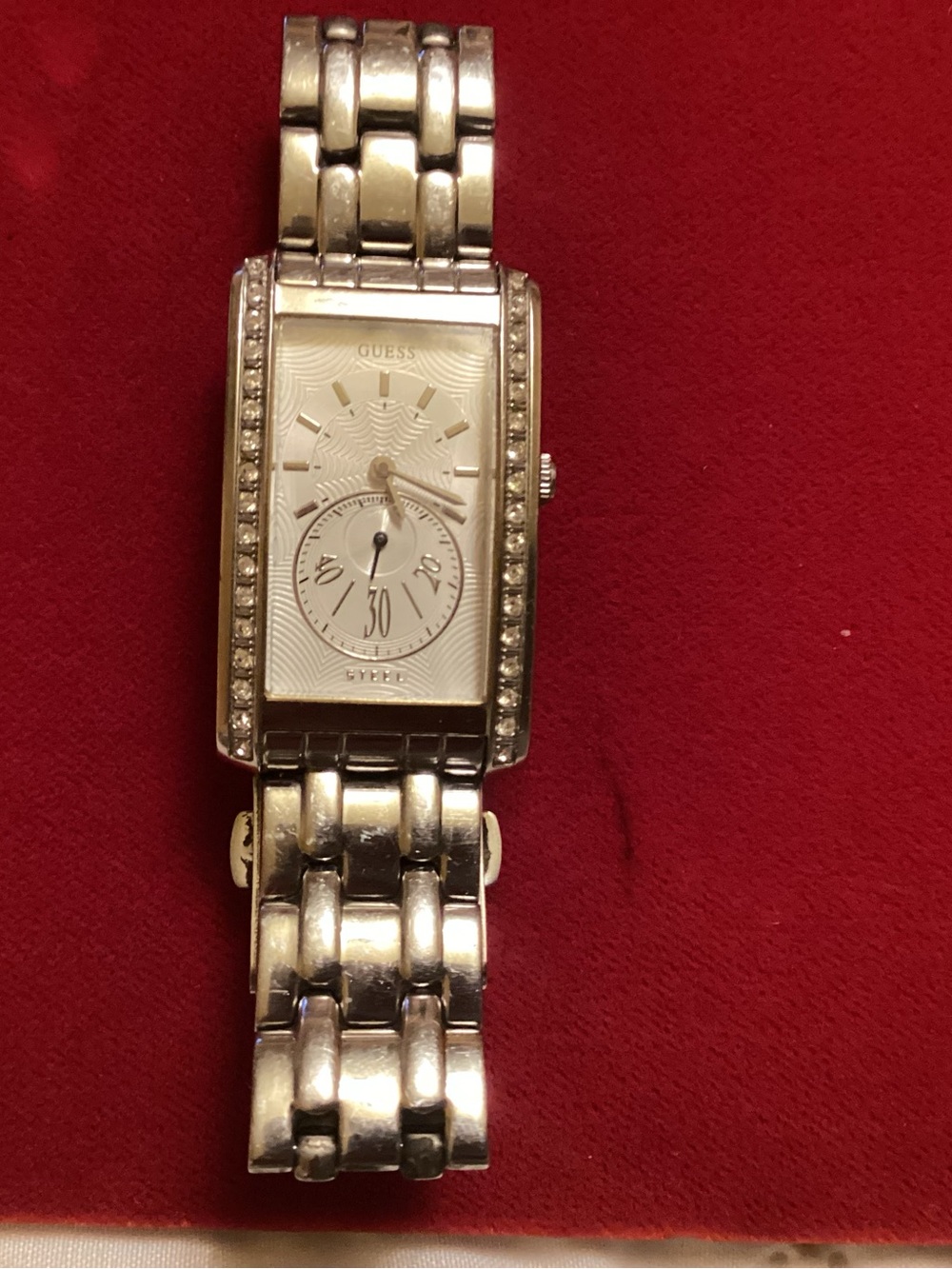 GUESS Silver Tone Crystal-Accented Rectangular Bracelet Watch